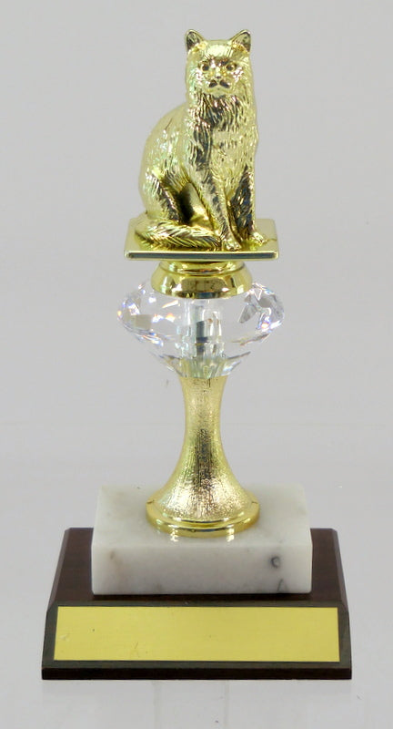 Cat Figure Trophy On Marble and Wood Base