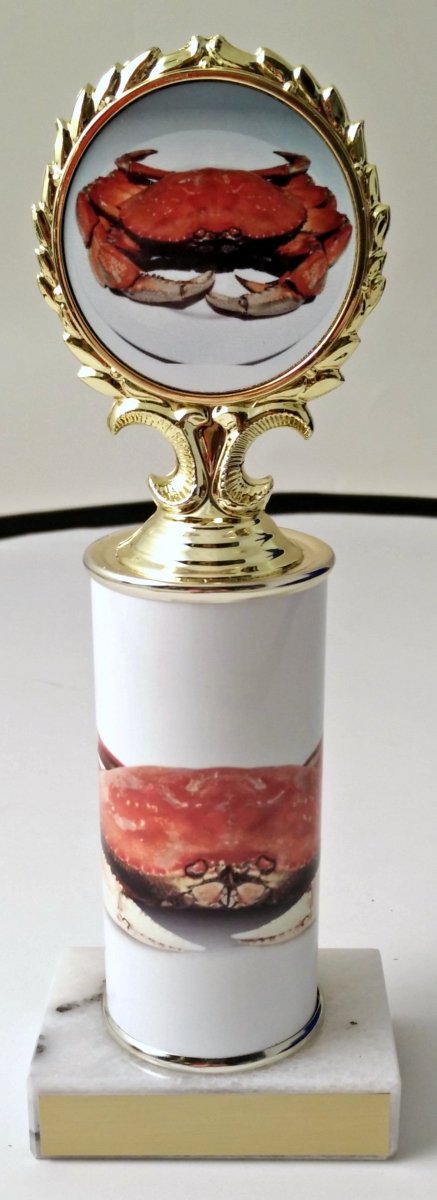 Dungeness Crab Custom Column Trophy With Logo - Schoppy's Since 1921