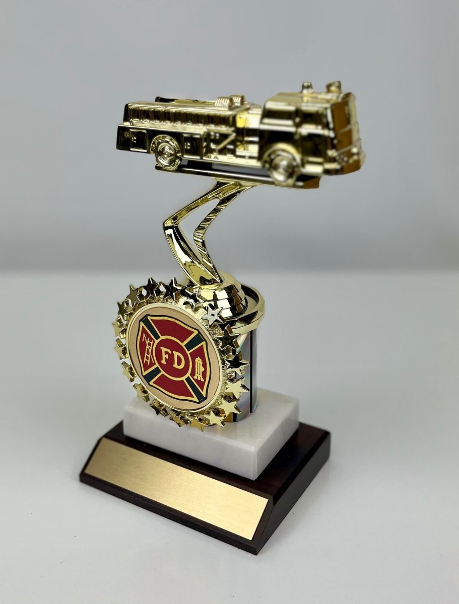 Fire Truck Starred Logo Holder Trophy on wood slant base - Schoppy's Since 1921