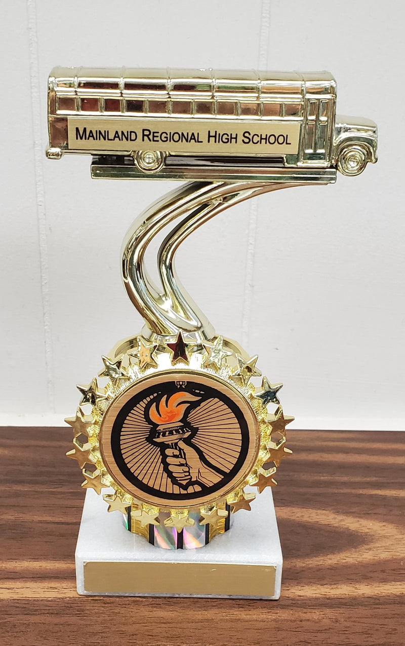 Personalized School Bus Figure on Genuine Marble Base with Your Customized Logo in Starred Holder-Trophy-Schoppy&