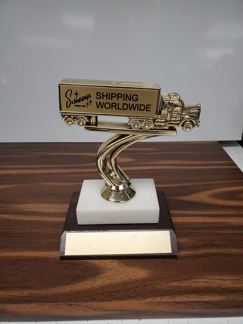 Personalized Tractor Trailer Truck Figure On Marble And Wood Slant Base-Trophy-Schoppy&