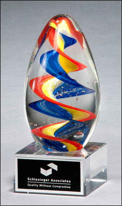 Colorful egg-shaped art glass award with clear base-Acrylic-Schoppy's Since 1921