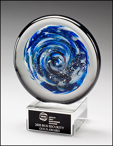 Blue and White Disc Art Glass Award with Clear Glass Base