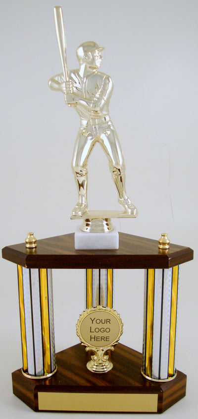 Small Three Column Trophy With Jumbo Baseball Figure And Logo-Trophy-Schoppy's Since 1921