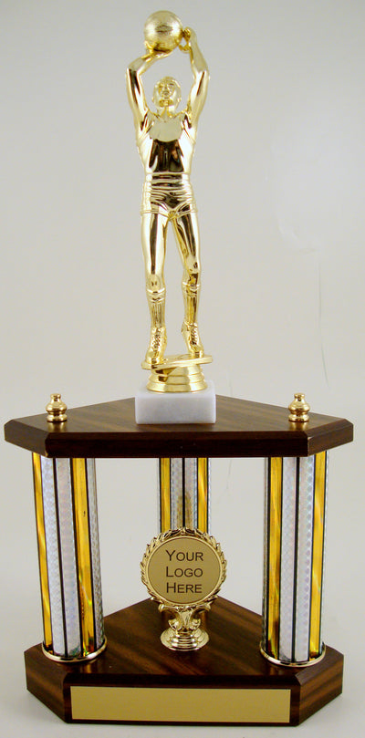 Small Three Column Trophy With Jumbo Basketball Figure And Logo-Trophy-Schoppy's Since 1921