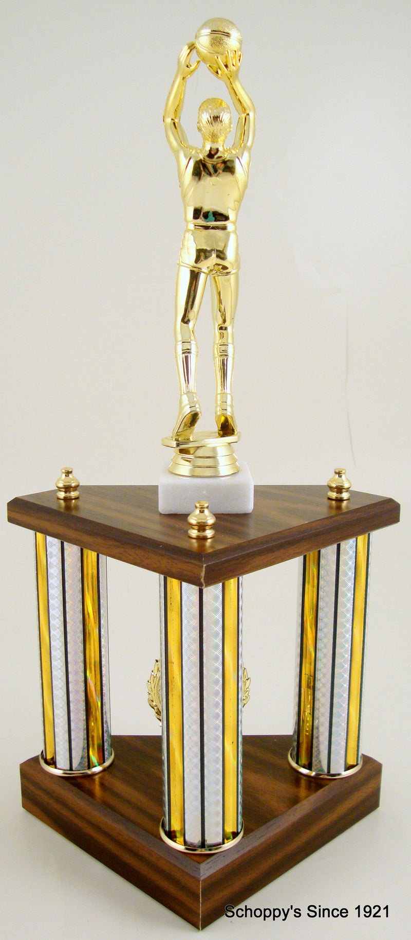 Small Three Column Trophy With Jumbo Basketball Figure And Logo-Trophy-Schoppy&