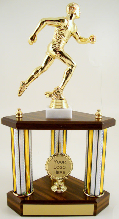 Small Three Column Trophy With Jumbo Runner Figure And Logo-Trophy-Schoppy's Since 1921
