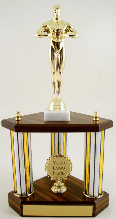 Small Three Column Trophy With Jumbo Achievement Figure And Logo-Trophy-Schoppy's Since 1921