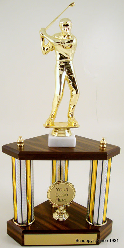 Small Three Column Trophy With Jumbo Golf Figure And Logo-Trophy-Schoppy's Since 1921