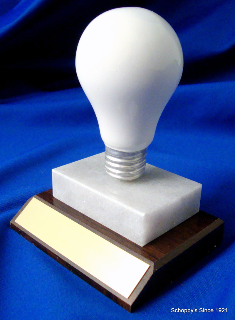 White Light Bulb On Flat Marble And Wooden Base-Trophy-Schoppy&