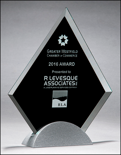 Diamond-shaped glass award with black silk screen on silver metal base-Glass & Crystal Award-Schoppy's Since 1921
