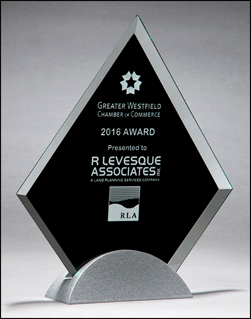 Diamond-shaped glass award with black silk screen on silver metal base-Glass & Crystal Award-Schoppy&