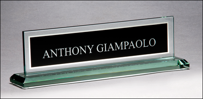 Glass name plate with black silk screened engraving area and mirror border-Name Desk Block-Schoppy's Since 1921
