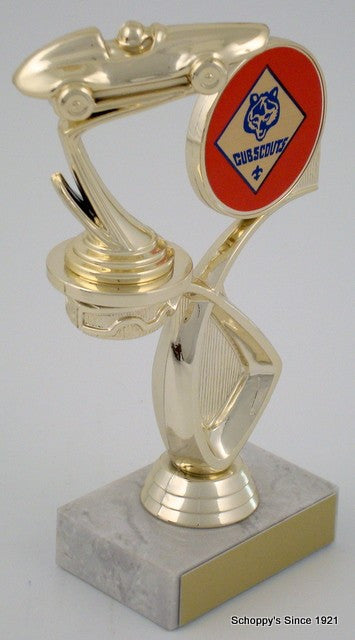 Pinewood Derby Trophy with Cub Scout Emblem on Offset Riser-Trophies-Schoppy&