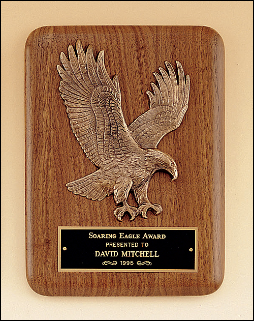 American walnut plaque with a sculptured relief eagle casting. - Made in the USA