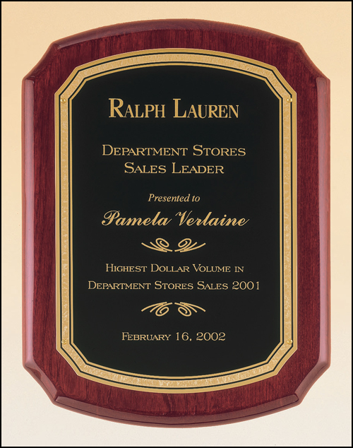 Rosewood stained piano finish plaque with a black textured center plate and florentine border P3830, P3831, P3832, P3833-Plaque-Schoppy&