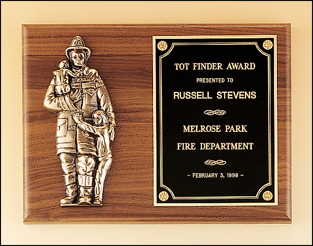Walnut Plaque with Fireman & Children P7/X - Made in the USA