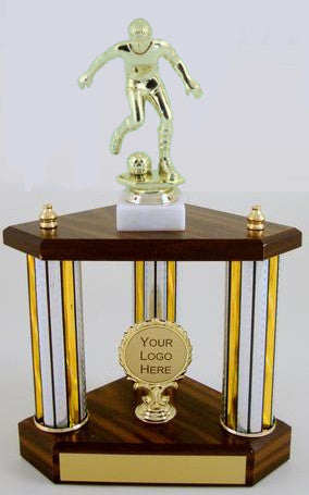 Small Three Column Trophy With Jumbo Soccer Figure And Logo-Trophy-Schoppy's Since 1921