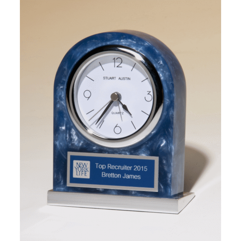 Blue Marbleized Acrylic Clock with Silver Base