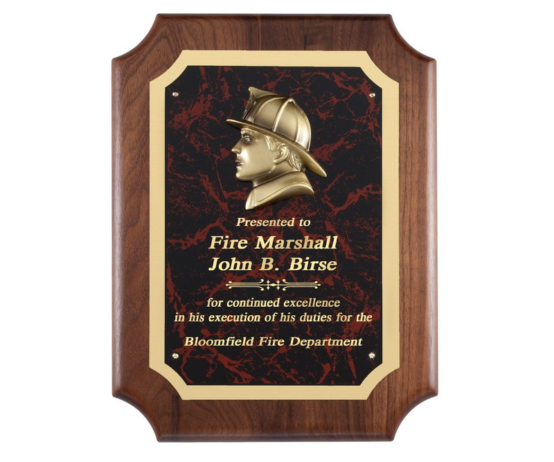 Walnut plaque with Red Marble plate and Fireman Casting