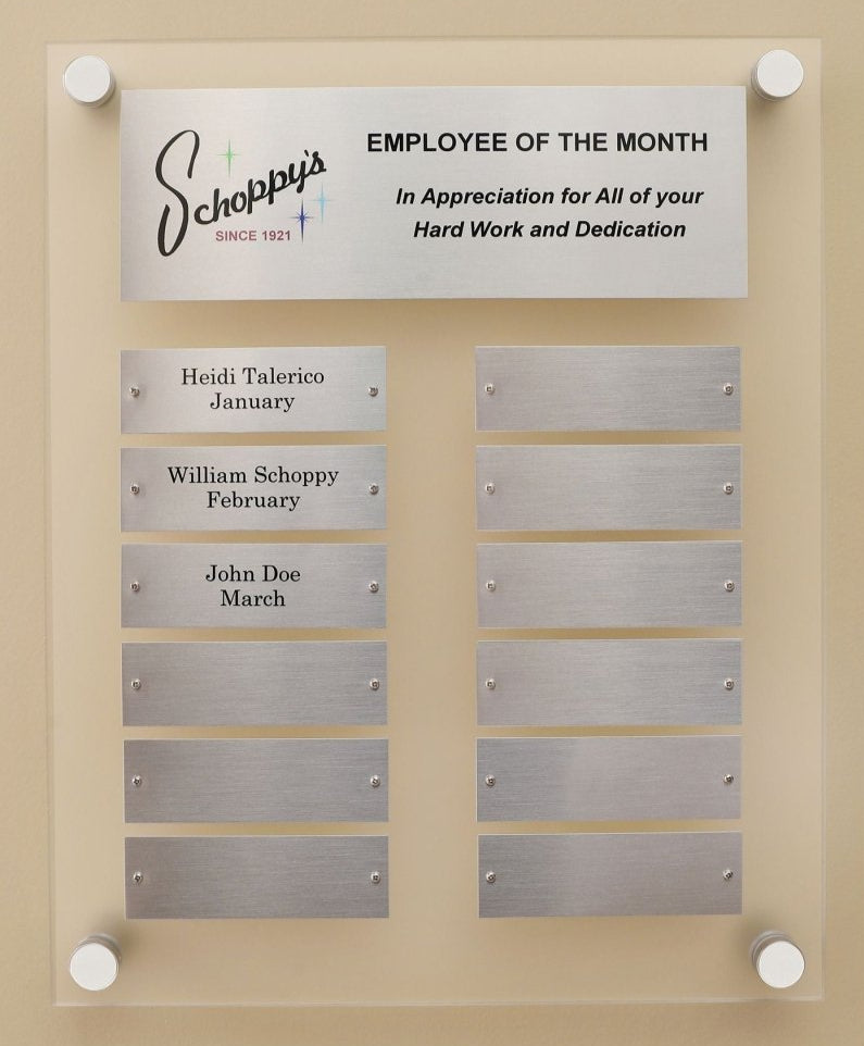 12 by 15 inch frosted acrylic perpetual plaque with 12 Individual Silver engraving plates 