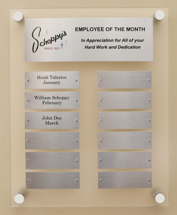 12 by 15 inch frosted acrylic perpetual plaque with 12 Individual Silver engraving plates 