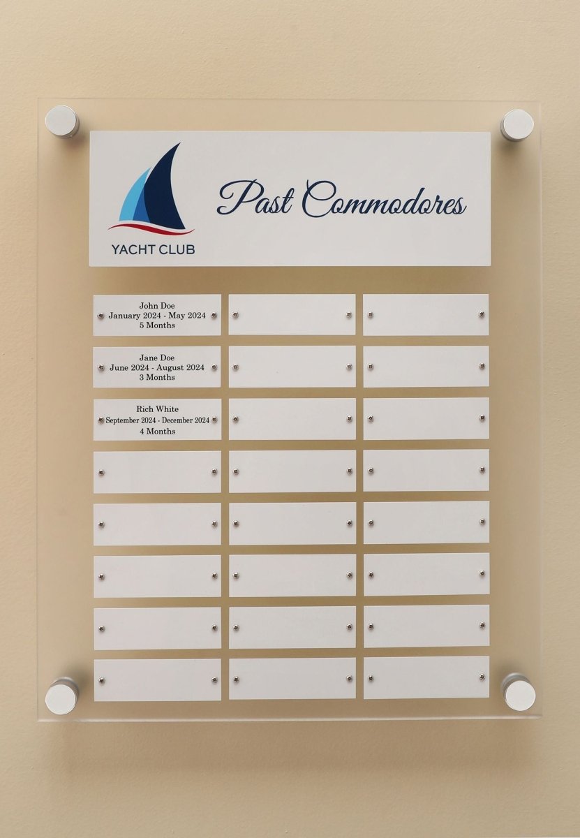 A  12 by 15 inch Frosted Acrylic plaque with Header Plate, Logo and 24 Individual name plates for recognizing employees of the month, mounted on a wall.