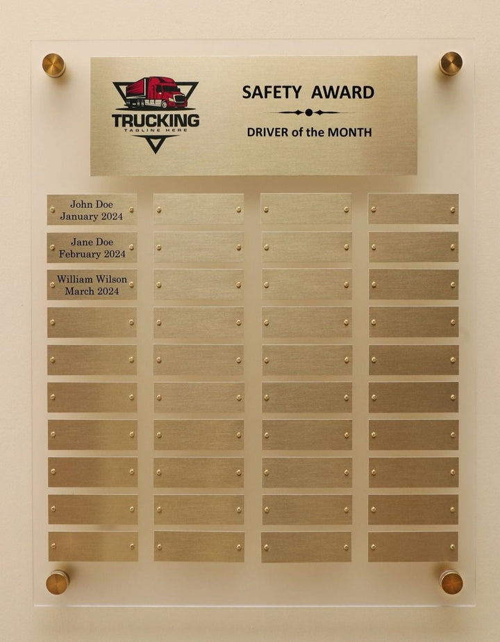 23 by 23 inch frosted acrylic perpetual plaque with 40 Individual Gold Aluminum engraving plates 