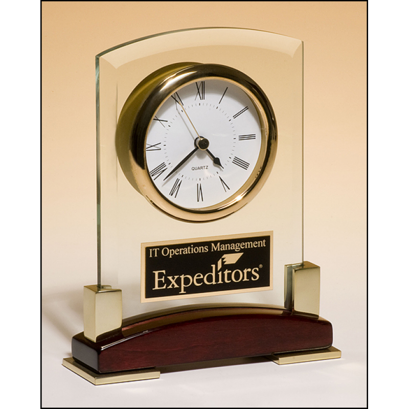 Beveled Glass Desktop Clock Rosewood Base with Gold Metal Accents