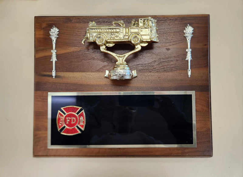 Walnut Plaque with Metal Fire Truck