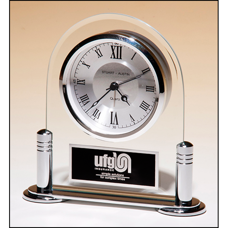 Desk Clock Beveled Glass Silver Metal Base