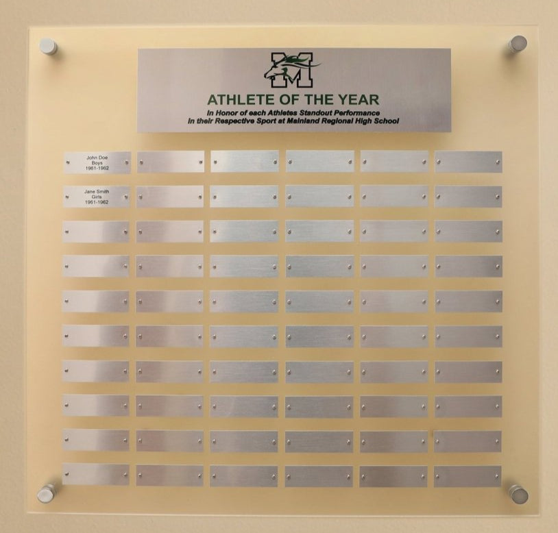 A  23 by 23 inch Frosted Acrylic Perpetual plaque with Header Plate, Logo and 60 Individual Silver Aluminum name plates for recognizing employees or winners mounted on a wall.