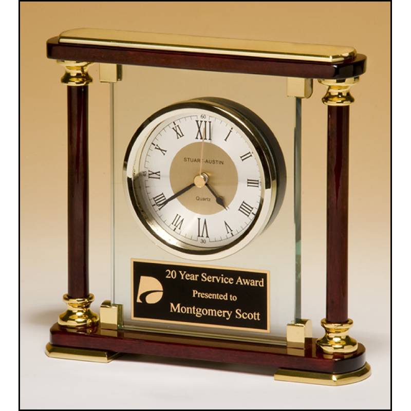 Glass Clock with Rosewood Piano Finish and Gold Metal Accents