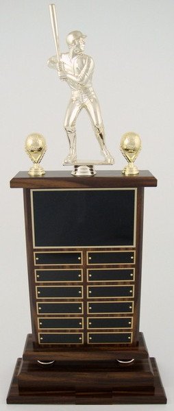A large Baseball Perpetual Trophy by Schoppy's. The trophy features a Large 8 inch Baseball Figure in a batting position and comes with decorative baseball trim. The front of the base displays a large black laser-engraved heading plate, accompanied by 12 smaller individual plates for recording past winners
