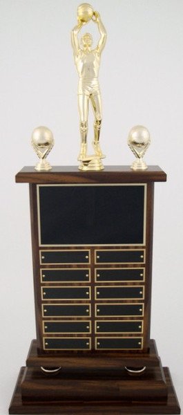A large Basketball Perpetual Trophy by Schoppy's. The trophy features a Large 8 inch Basketball Figure and comes with decorative basketball trim. The front of the base displays a large black laser-engraved heading plate, accompanied by 12 smaller individual plates for recording past winners