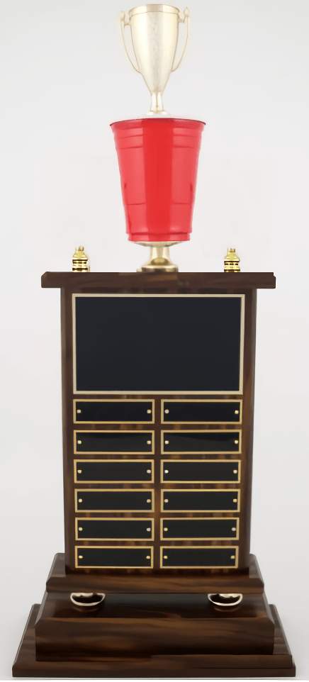 A large Beer Pong Perpetual Trophy by Schoppy's. The trophy features a sturdy plastic Solo Cup, a 4-inch plastic trophy cup, and decorative acorn trim. The front of the base displays a large black laser-engraved heading plate, accompanied by 12 smaller individual plates for recording past winners