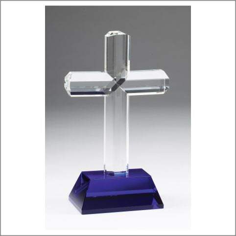 Crystal Cross on Blue Pedestal
