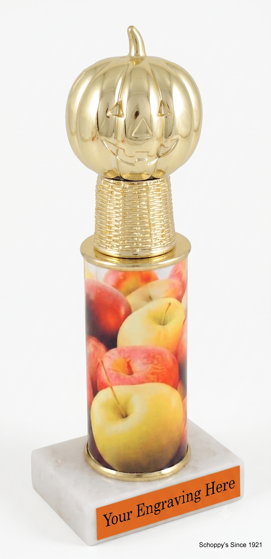 A Halloween-themed trophy featuring a gold pumpkin topper with a carved jack-o&