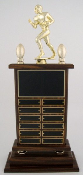 A large Football Perpetual Trophy by Schoppy's. The trophy features a Large 8 inch Football Runner Figure and comes with decorative acorn trim. The front of the base displays a large black laser-engraved heading plate, accompanied by 12 smaller individual plates for recording past winners