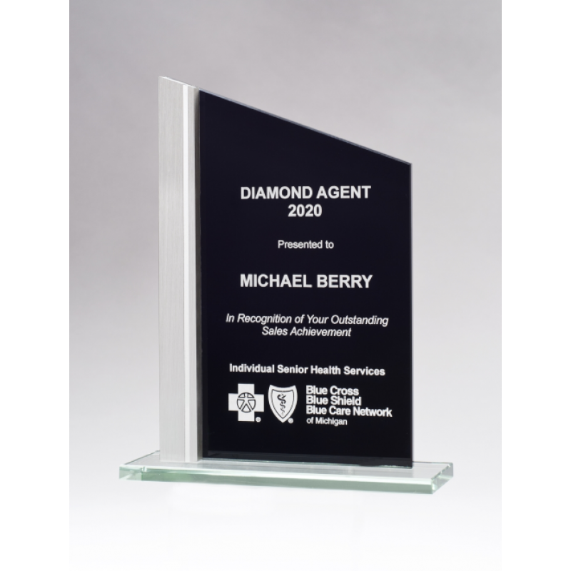 Glass black silk screened award with Aluminum Post