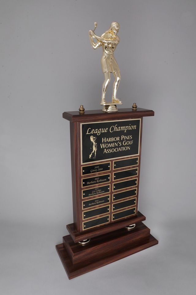 A large Golf Perpetual Trophy by Schoppy's. The trophy features a Large 8 inch Golfer Figure in a swinging position and comes with decorative acorn trim. The front of the base displays a large black laser-engraved heading plate, accompanied by 12 smaller individual plates for recording past winners