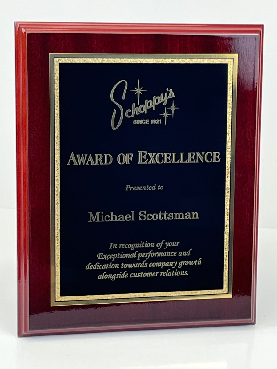 8 inch by 10 inch High Gloss Mahogany Plaque, featuring a dark cherry wood finish and a custom laser-engraved plate with a gold tone border