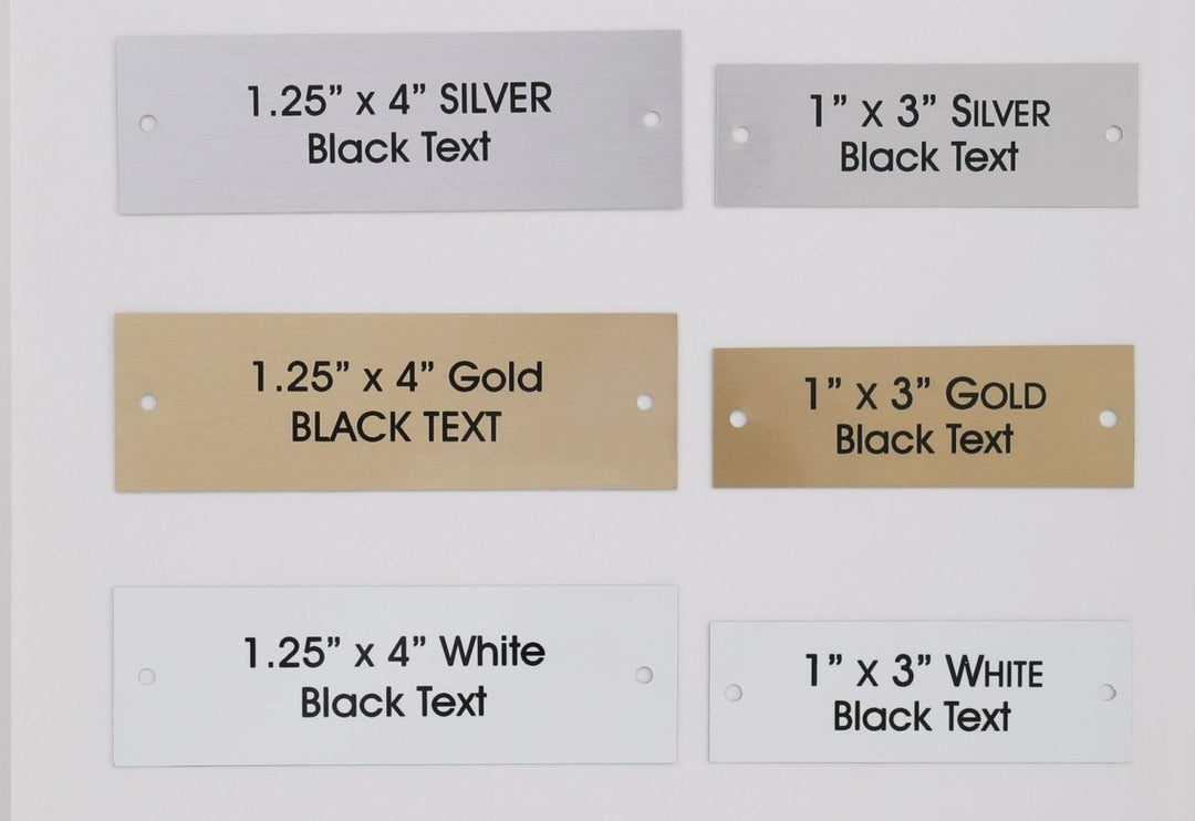 Individual Aluminum Plates for our Frosted Acrylic Plates in two sizes 1.25 by 4 inches and 1 x 3 inches, available in Silver, Gold and White 
