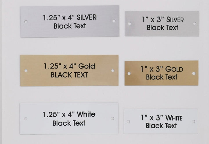Individual Aluminum Plates for our Frosted Acrylic Plates in two sizes 1.25 by 4 inches and 1 x 3 inches, available in Silver, Gold and White 