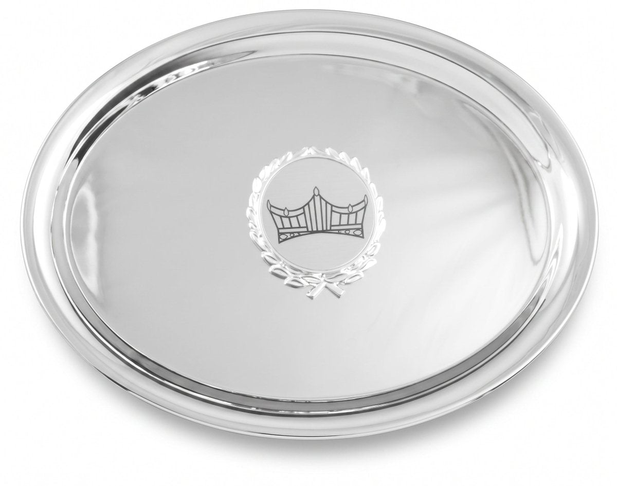 Close up of Pageant Oval shaped Nickel Plated Tray with Schoppy's Crown Logo in Center on White Background. - Schoppy's Since 1921