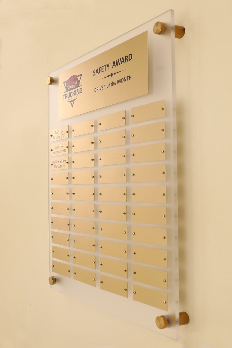 Side view of 23 by 23 inch frosted acrylic perpetual plaque with 60 Individual gold Aluminum  engraving plates 