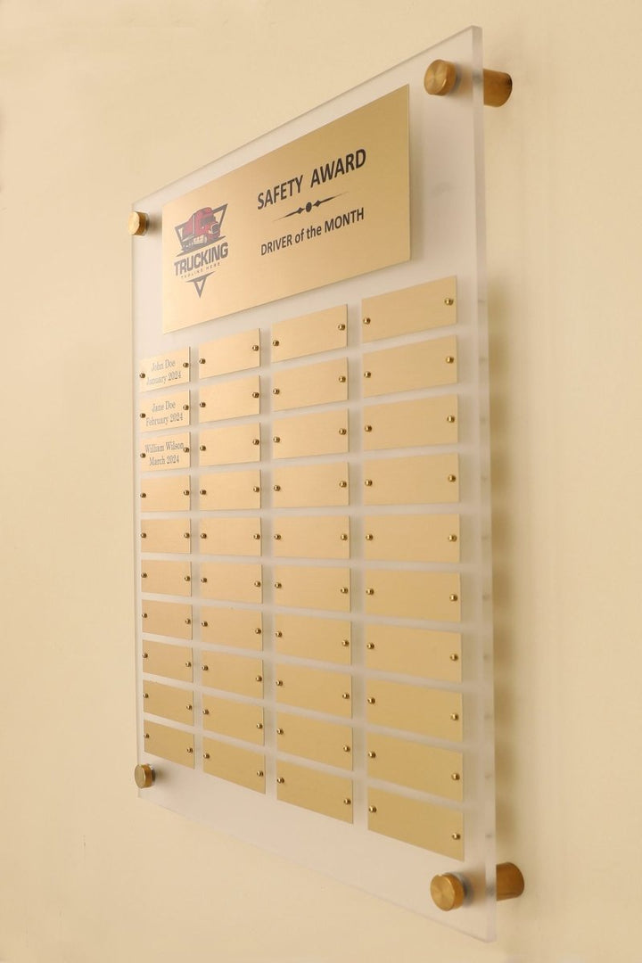 Side view of 23 by 23 inch frosted acrylic perpetual plaque with 60 Individual gold Aluminum  engraving plates 