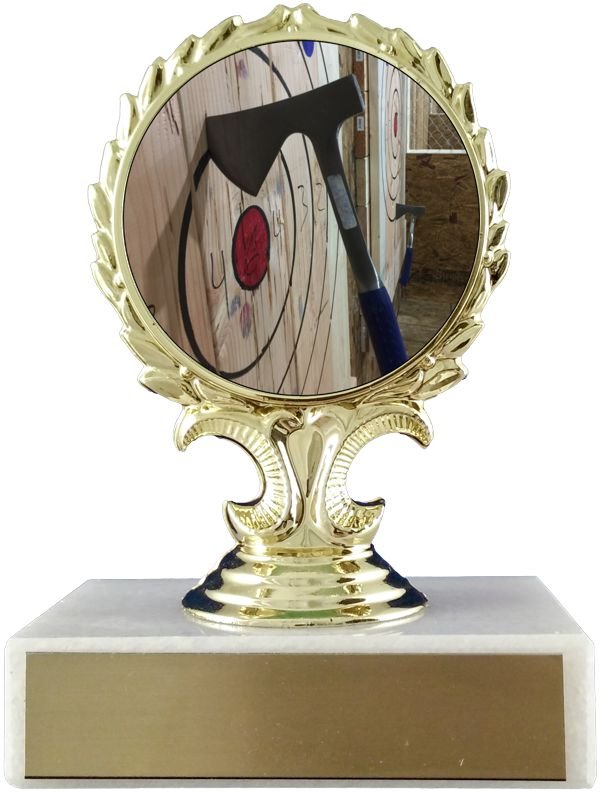 Axe Throwing Logo Trophy On Flat White Marble-Trophy-Schoppy's Since 1921