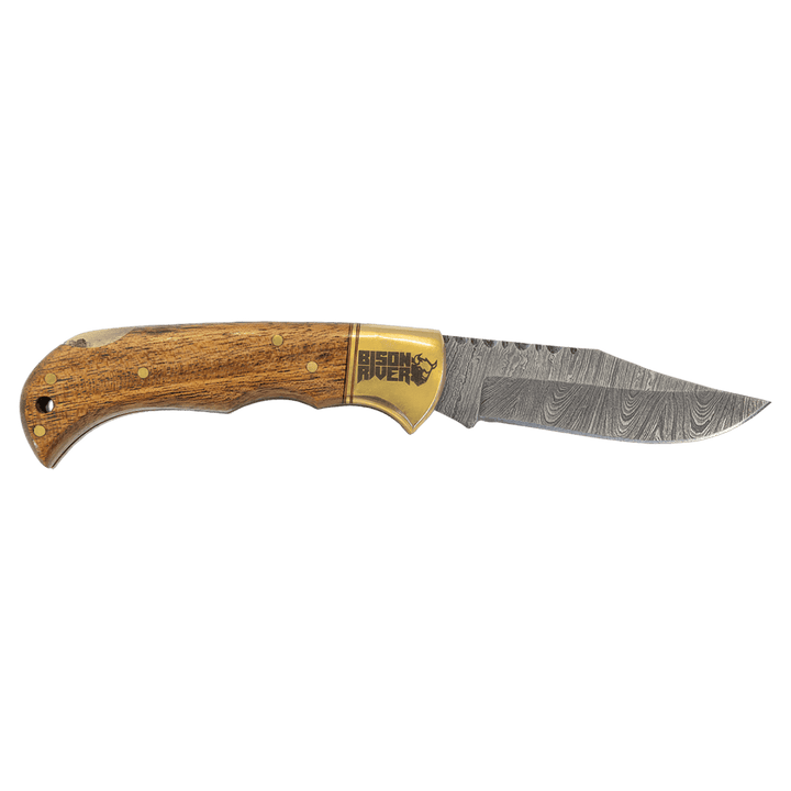 Bison River 3 3/4" Wood Folding Knife with Damascus Steel Blade and Leather Sheath - Schoppy's Since 1921