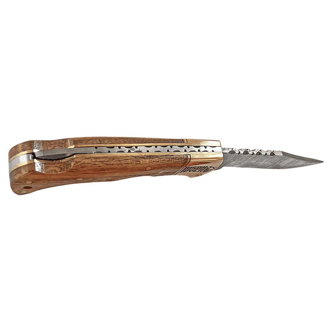 Bison River 3 3/4" Wood Folding Knife with Damascus Steel Blade and Leather Sheath - Schoppy's Since 1921